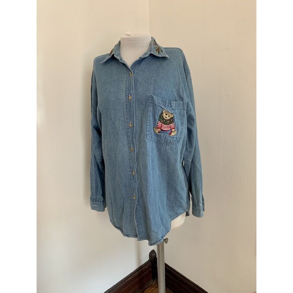 VTG Quizz NY Embroider Christmas Teddy Bear Jean Denim VTG Top Holly Polo Ralph - Picture 10 of 11